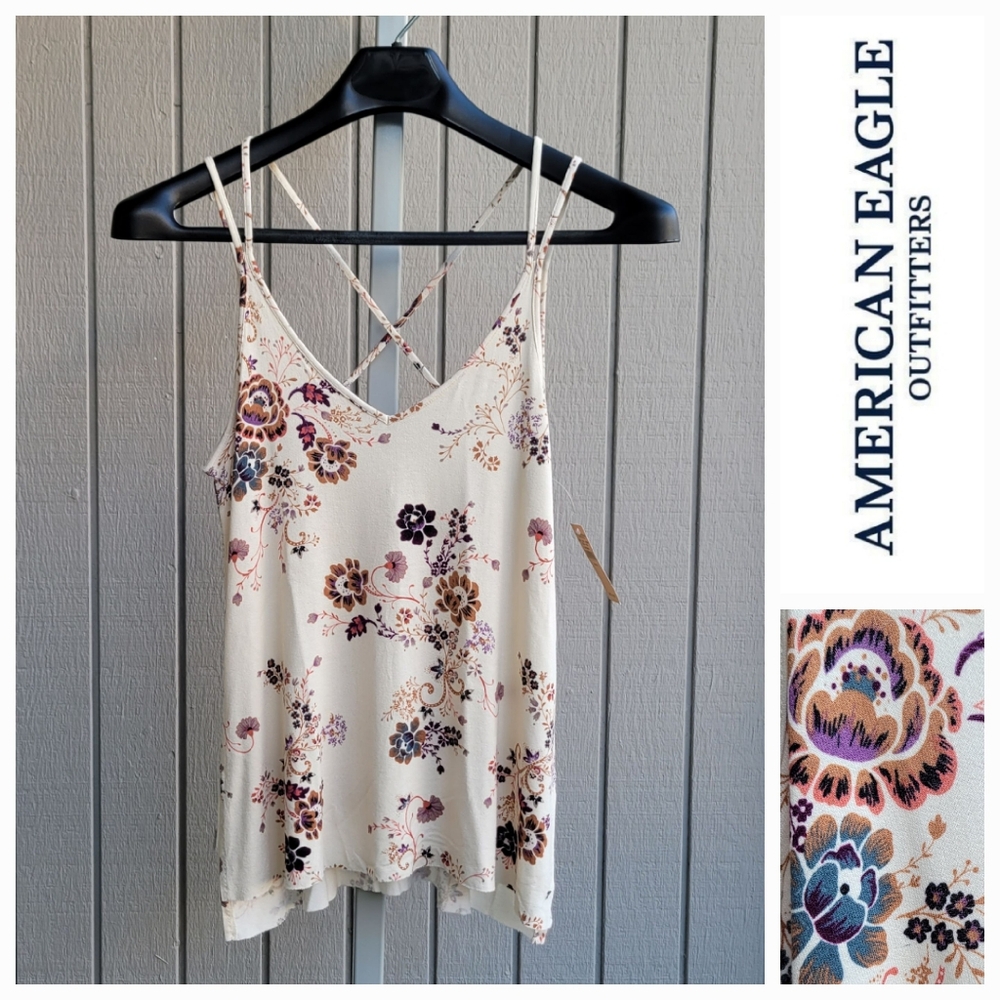 AEO | Strappy Floral Cream Spaghetti Straps Flowy Viscose Halter Tank Top NEW